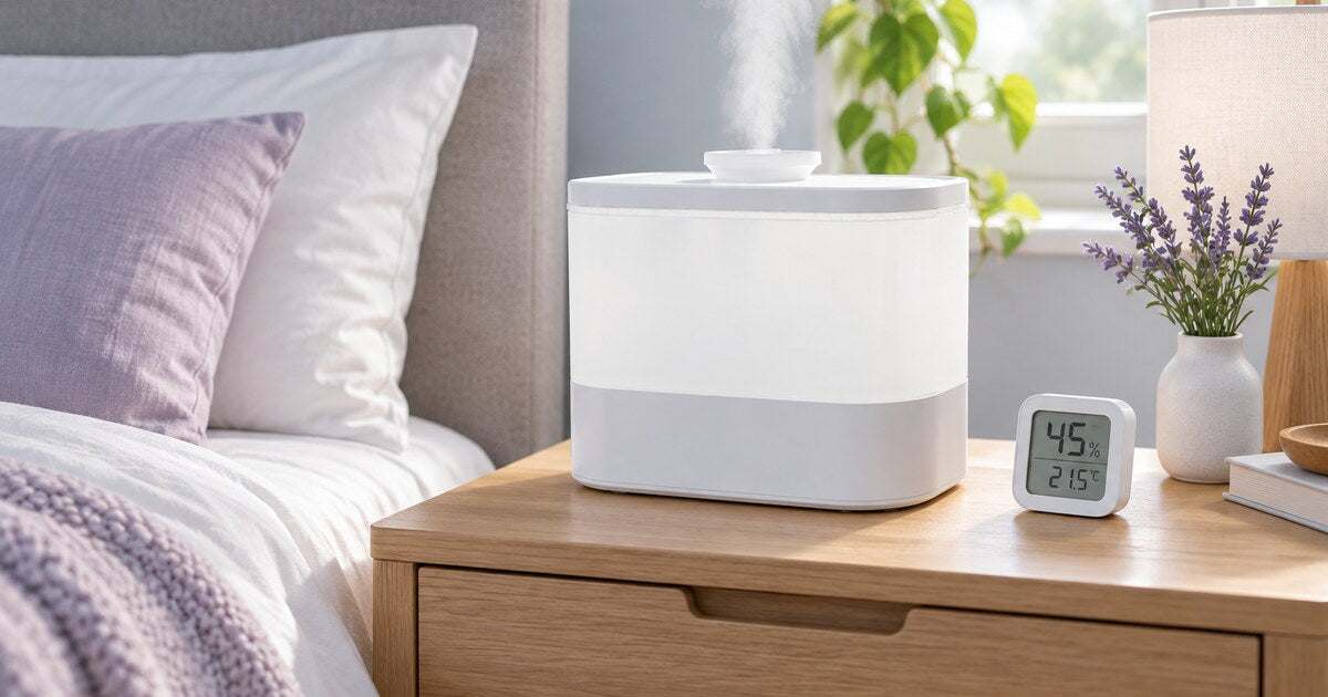 A white top-fill humidifier beside a hygrometer in a calm adult bedroom.