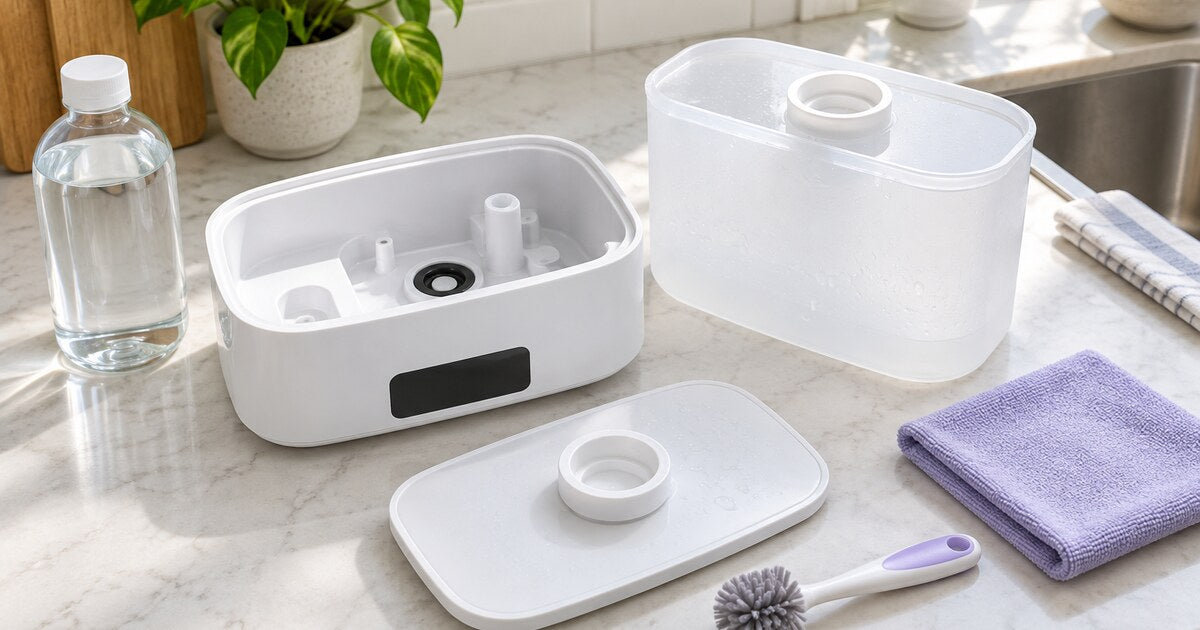 A top-fill cool mist humidifier disassembled beside a soft brush, cloth, and bottle of water.