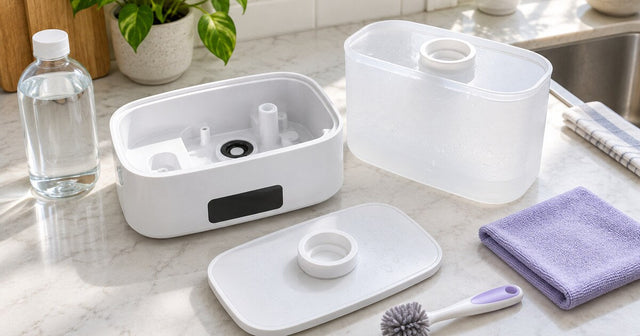 A top-fill cool mist humidifier disassembled beside a soft brush, cloth, and bottle of water.
