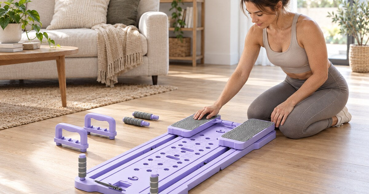 A woman preparing a lavender split Pilates board for a controlled home workout.