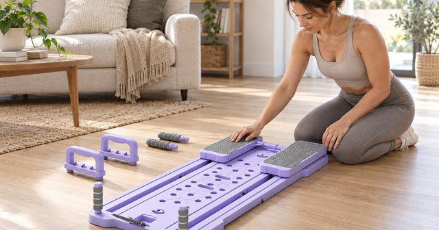 A woman preparing a lavender split Pilates board for a controlled home workout.