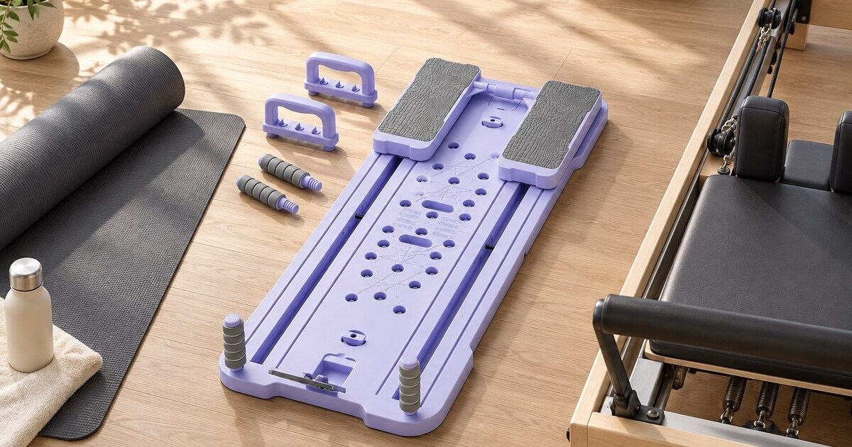 A Pilates mat, compact sliding board, and studio reformer arranged for comparison.