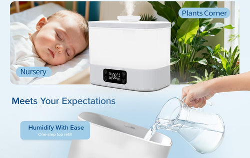 CloudMist humidifier shown during top filling and in home settings