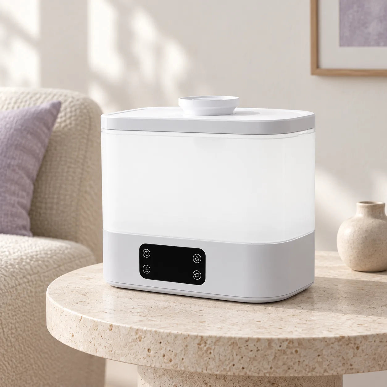 Editorial illustration of CloudMist Smart Humidifier in a neutral home setting