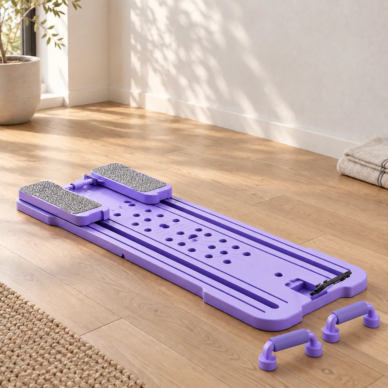 Editorial illustration of Split Pilates Ab Board in a neutral home setting