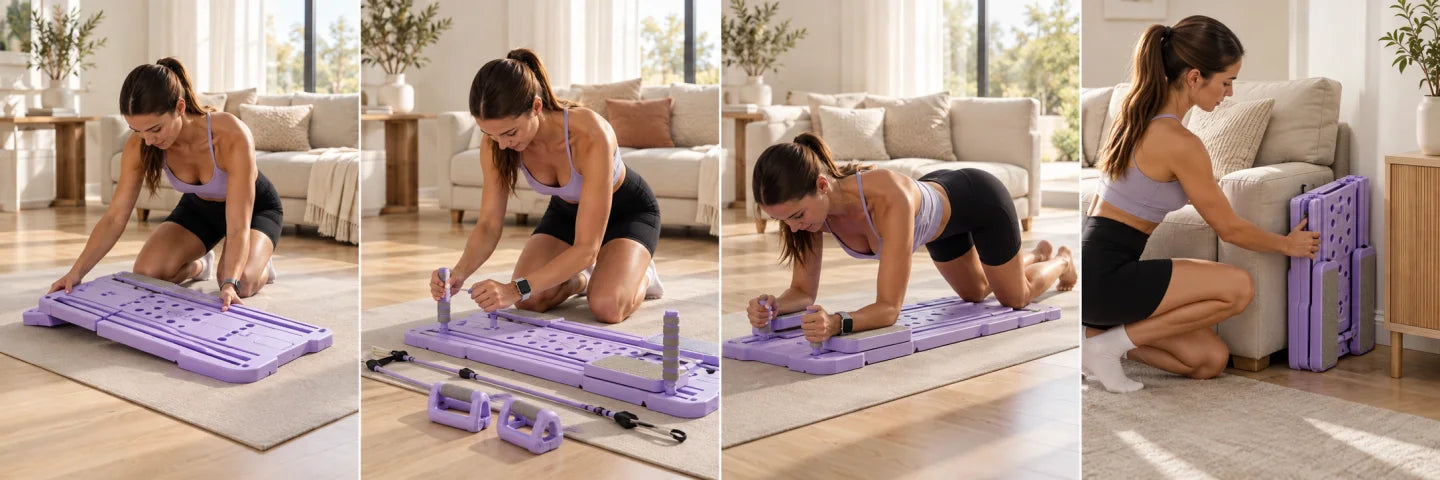 One continuous sequence showing the Split Pilates Ab Board being unfolded, fitted with accessories, used for a controlled floor-level movement, and folded for storage
